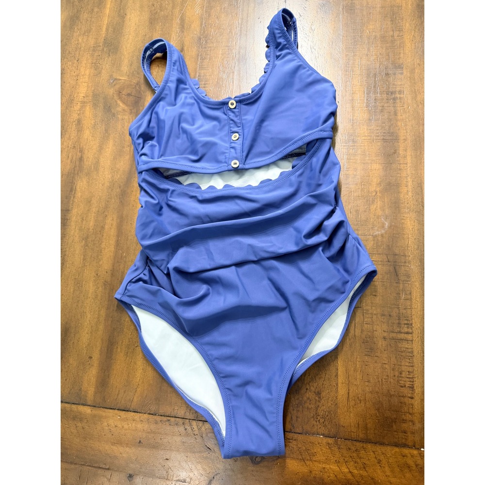 Charmo Womens Scalloped Cutout One Piece Swimsuit Blue Ruched Button Front Small